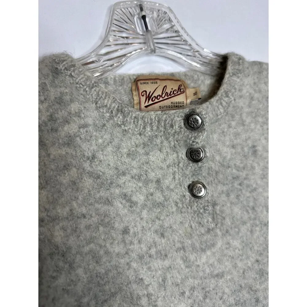 1980s Woolrich Rugged Outdoorwear Gray Heather Wool Henley Sweater  size medium